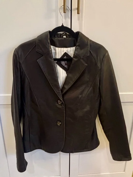 Medium Women's Dark Brown/Black Genuine Leather Blazer Jacket - Picture 4 of 9